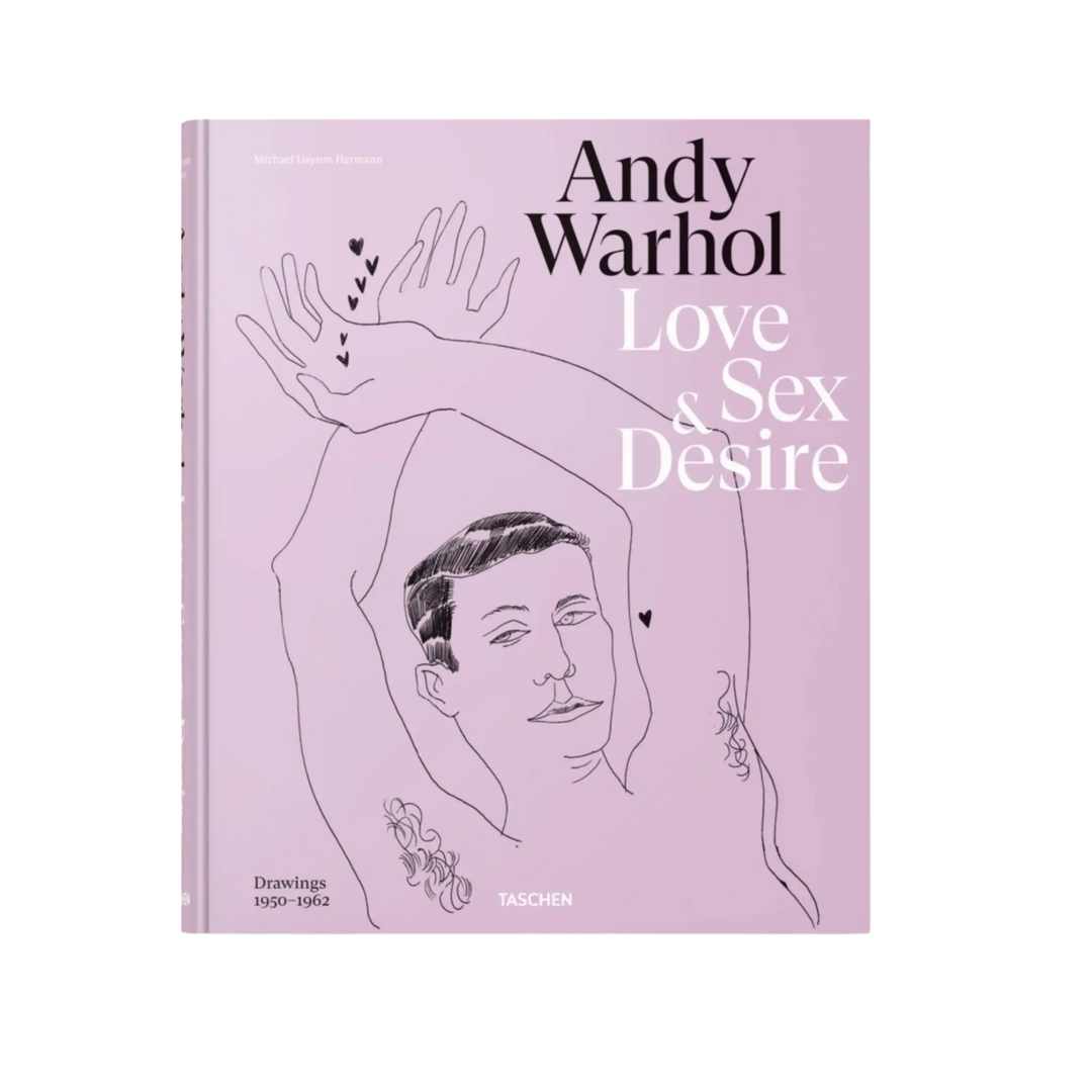 Front cover of Andy Warhol: Love, Sex, and Desire. Drawings 1950-1962 by Taschen, a Warhol line drawing on lilac