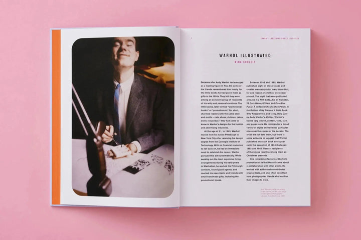 Open spread from Andy Warhol: Seven Illustrated Books by Taschen with a photo of Warhol drawing and an essay by Nina Schleif