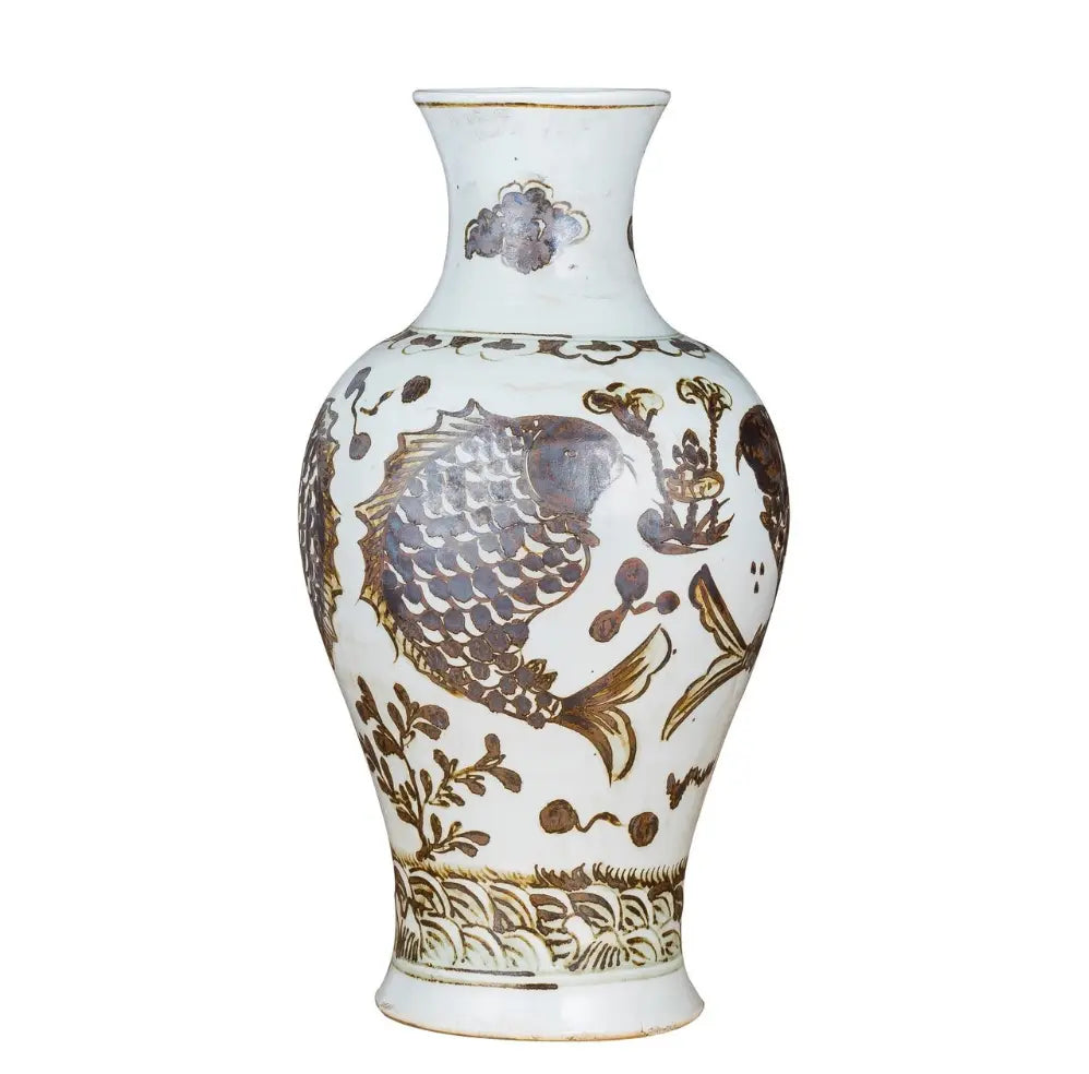 Antique-Inspired Koi Fish &amp; Lotus Ceramic Vase - handcrafted vase with brown koi fish and lotus motif on ivory glaze
