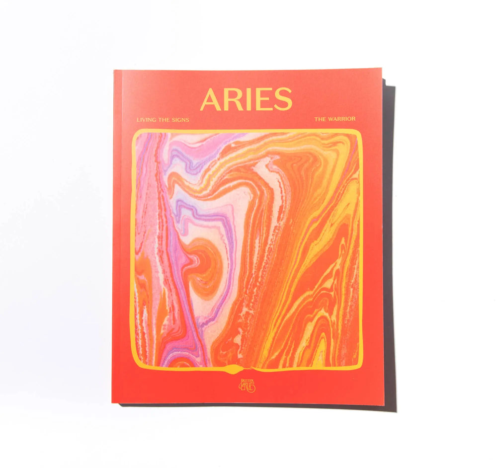Front cover of Aries: The Warrior, In Case of Emergence Living the Signs workbook, with red marbled artwork