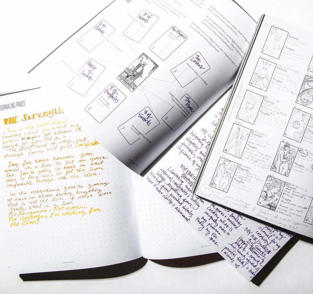 Aries: The Warrior by In Case of Emergence opened to journaling pages with a Strength prompt in gold ink