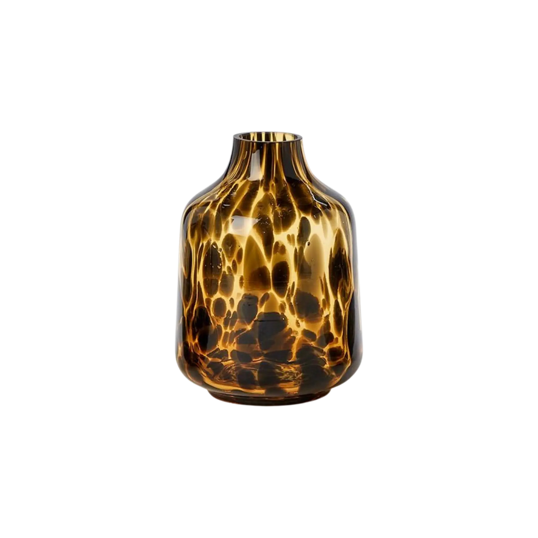Bell shaped tortoise print glass bud vase with tapered neck and rounded base, Mood by DMJ