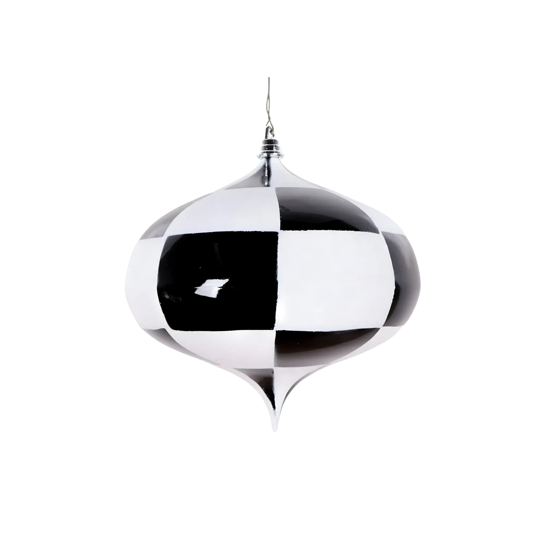 Black and White Checkered Finial Ornament made of shatterproof plastic with glossy finish, modern teardrop design for Christmas décor in