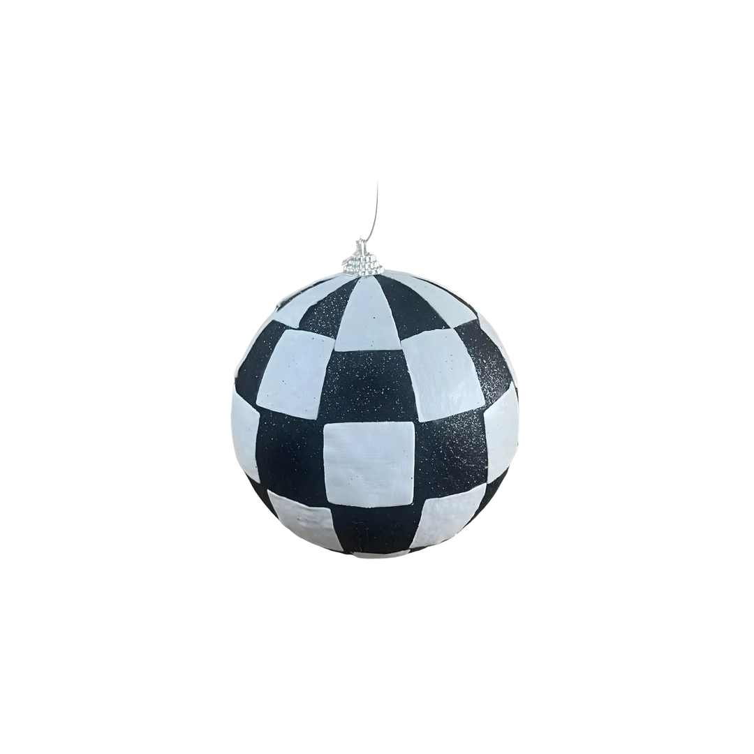 Black and White Checkered Shatterproof Ornament in 5-inch sizes made of durable plastic with glossy hand-painted finish for holiday décor