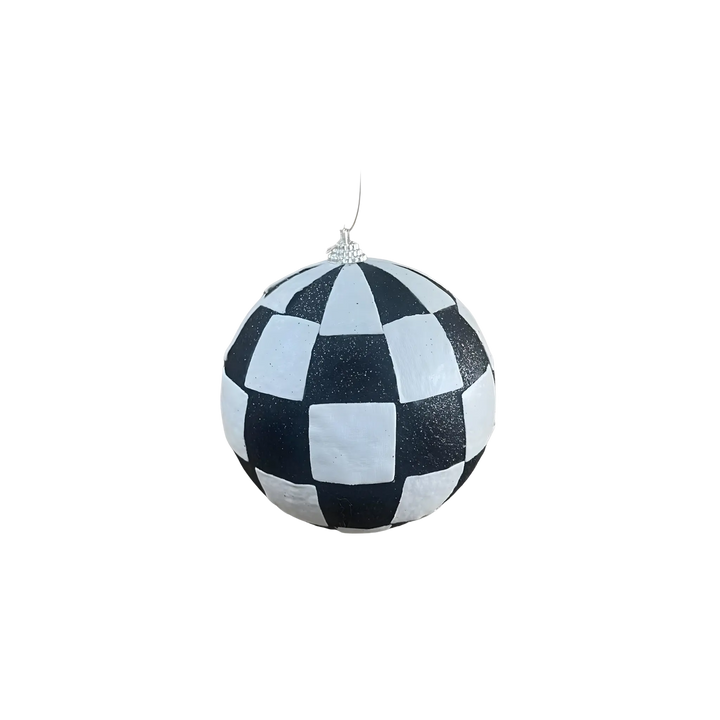 Black and White Checkered Shatterproof Ornament in 5-inch sizes made of durable plastic with glossy hand-painted finish for holiday décor