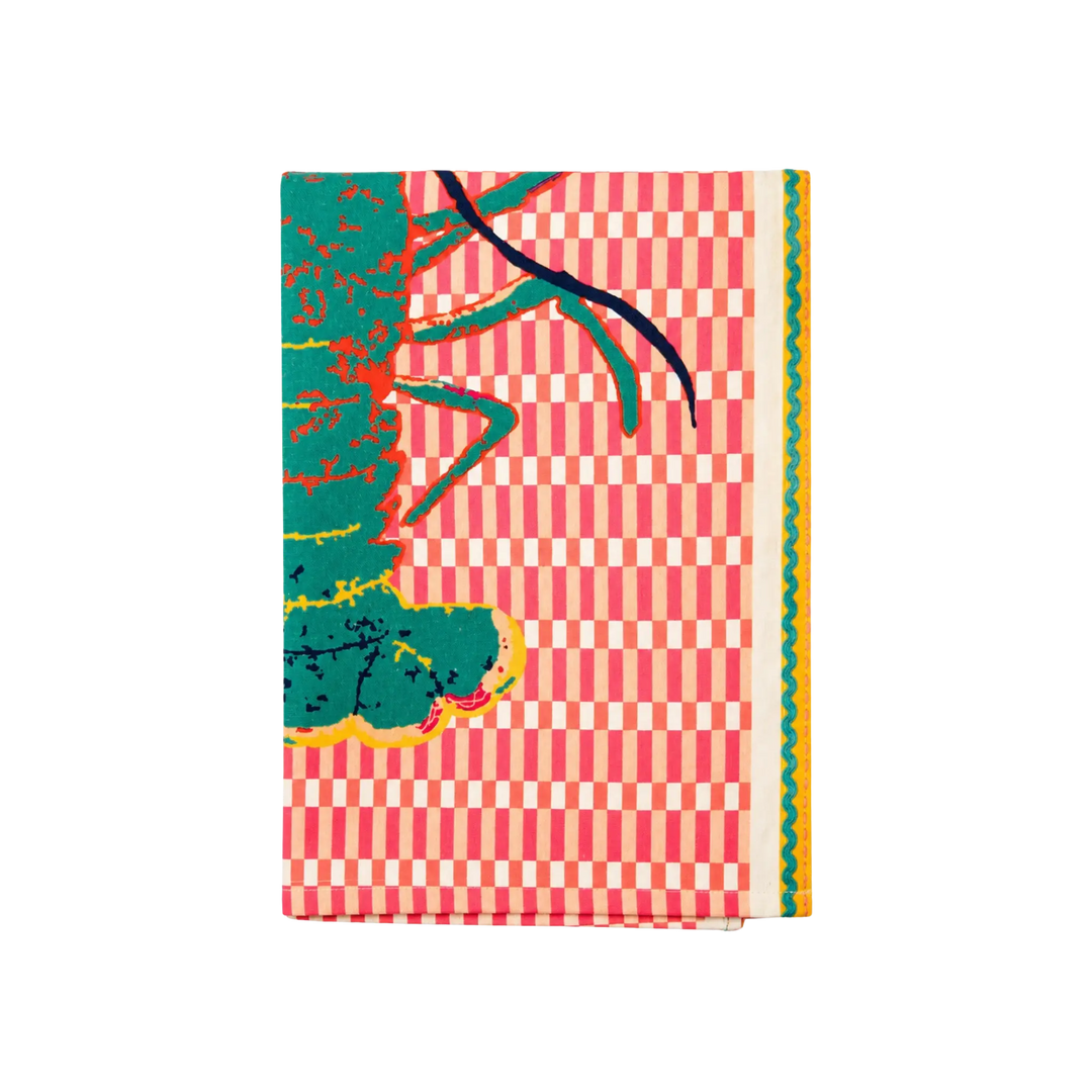 Blue Lobster Kitchen Towel by Lynette Reed Studio — striking blue lobster print on pink checkered 100% cotton tea towel with rickrack trim.