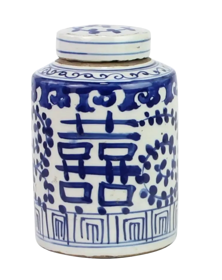 Blue &amp; White Chinoiserie Porcelain Tea Jar with lid - handcrafted ceramic ginger jar featuring cobalt blue double happiness motif on white porcelain