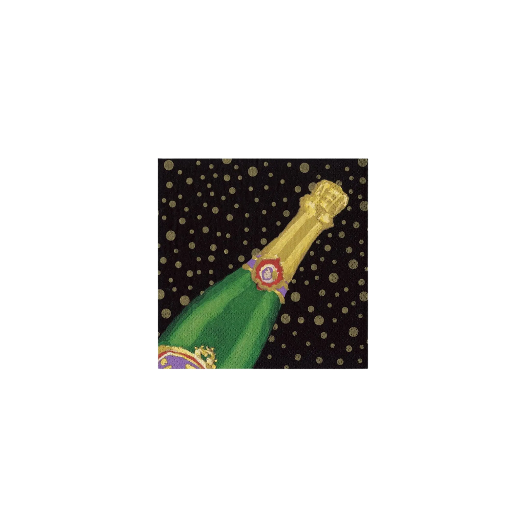 Caspari Sparkling Champagne Paper Cocktail Napkins, Set of 20 featuring gold champagne bottle and bubbles on black background