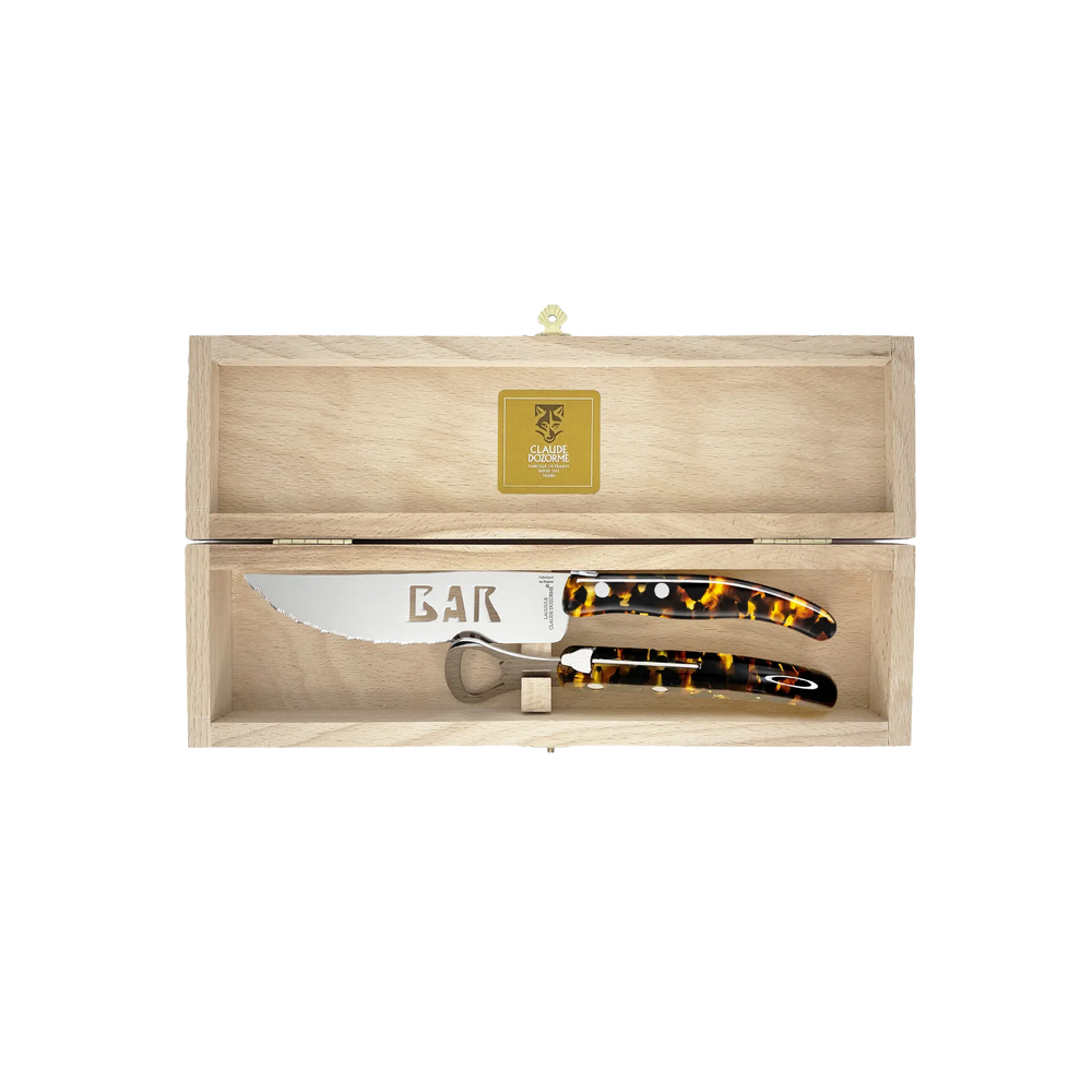 Laguiole Bar Set by Claude Dozorme with tortoiseshell handles, handcrafted French bar tool set including stainless steel bottle opener and