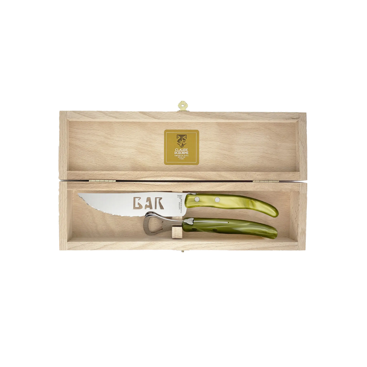 Laguiole Bar Set by Claude Dozorme with olive green handles, handcrafted French bar tool set including stainless steel bottle opener and