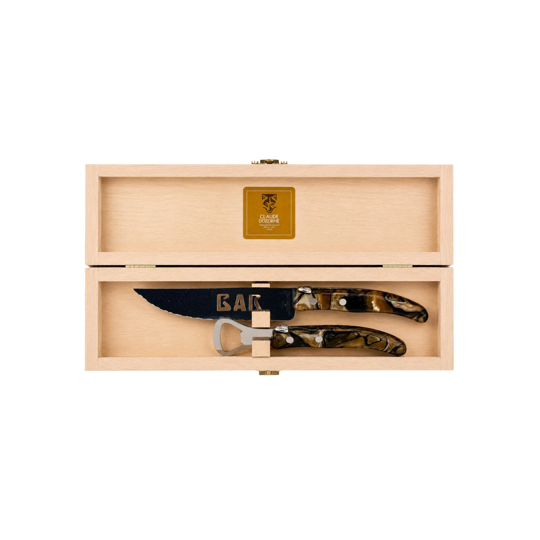 Laguiole Bar Set by Claude Dozorme with smokey quartz handles, handcrafted French bar tool set including stainless steel bottle opener and