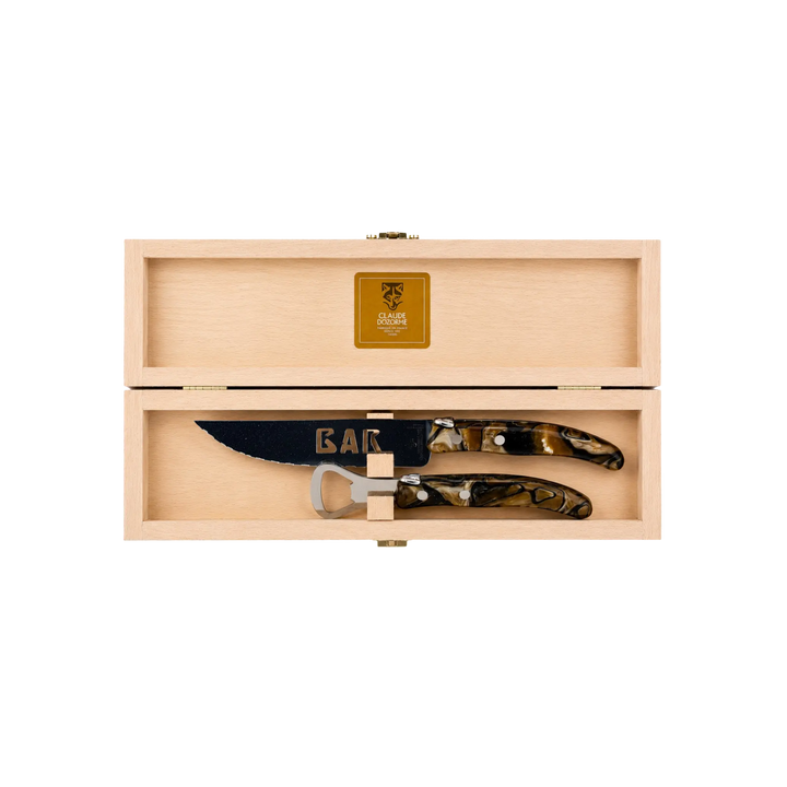 Laguiole Bar Set by Claude Dozorme with smokey quartz handles, handcrafted French bar tool set including stainless steel bottle opener and