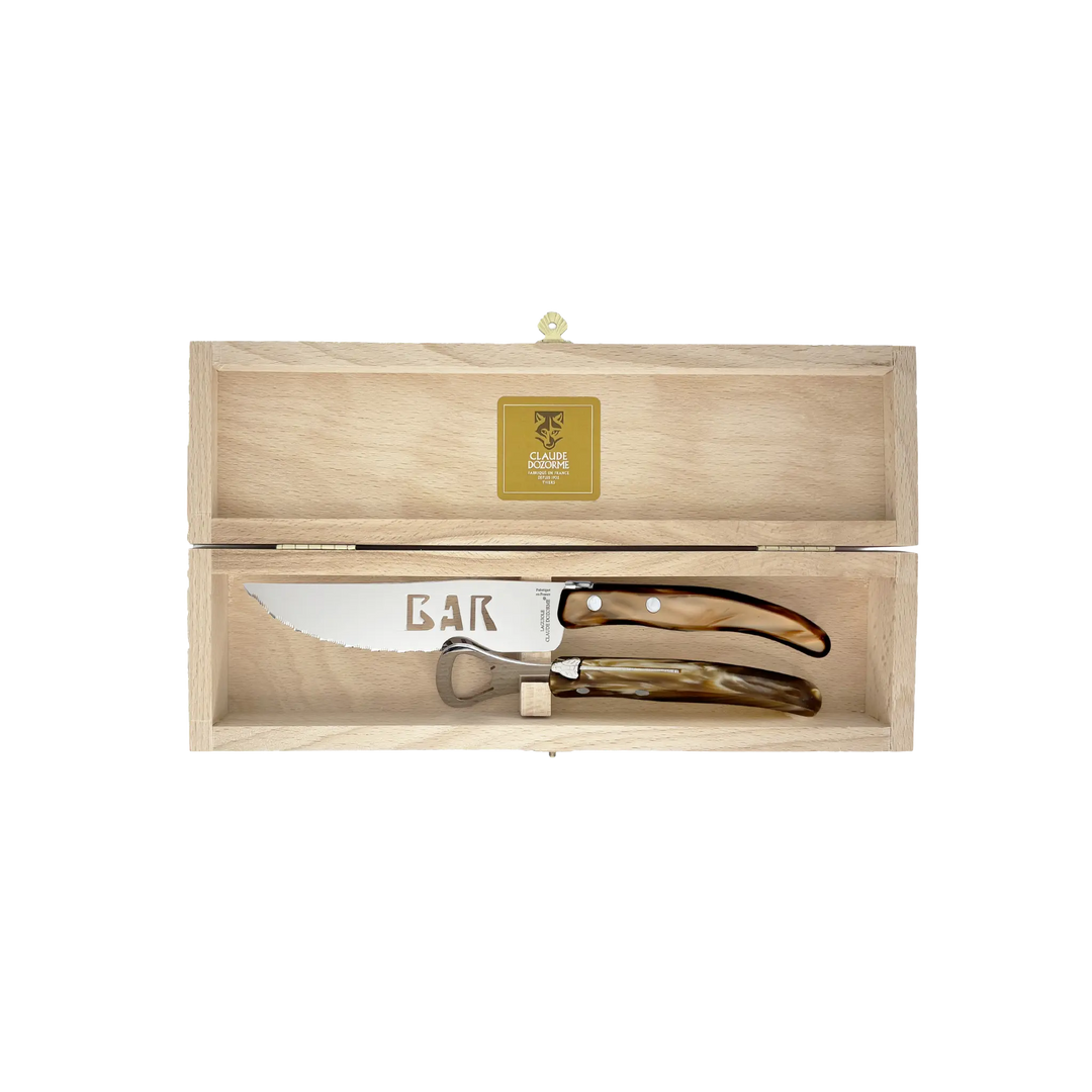 Laguiole Bar Set by Claude Dozorme with cappuccino horn handles, handcrafted French bar tool set including stainless steel bottle opener