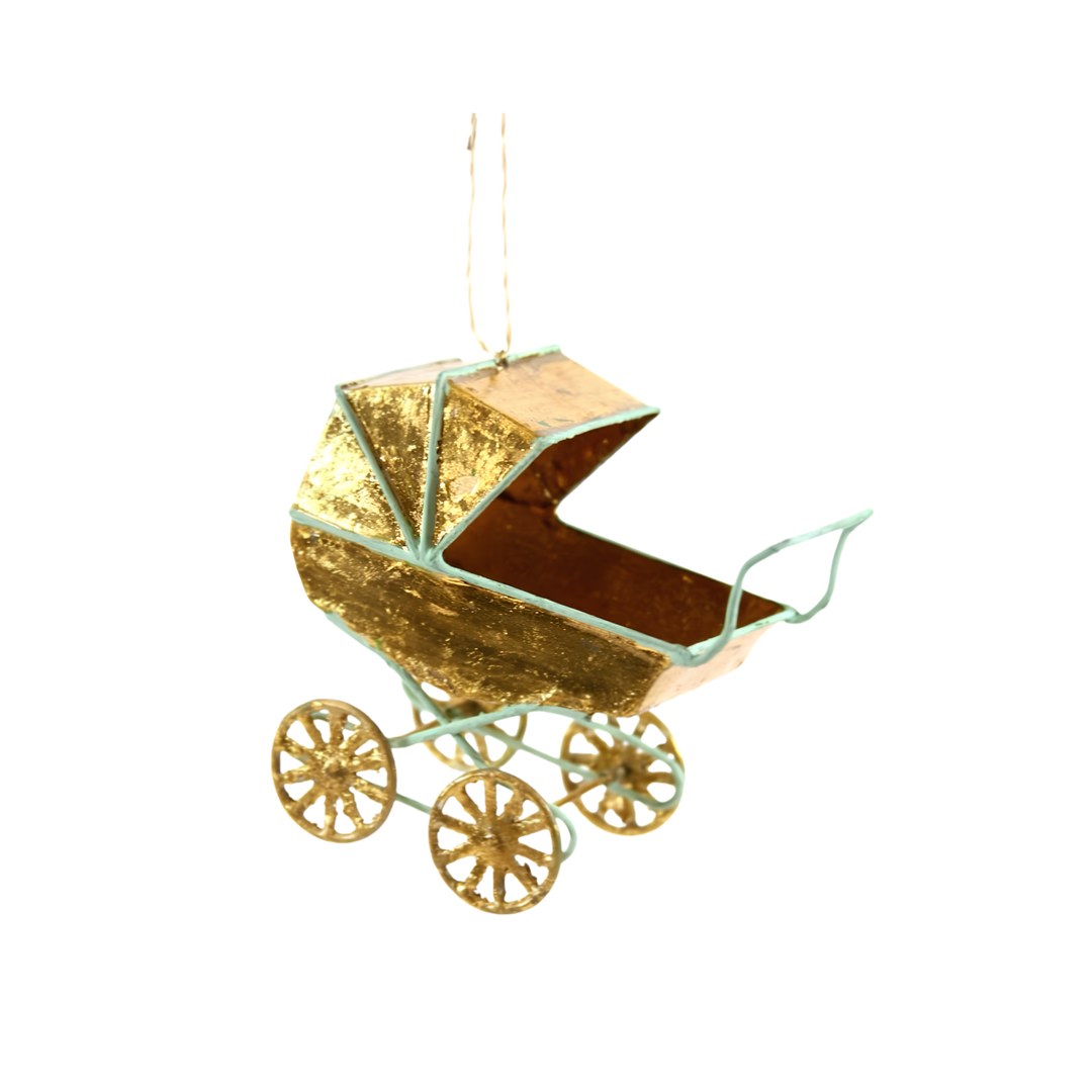 Cody Foster baby carriage Christmas ornament, gilded gold vintage pram with copper interior, mint trim, and spoked wheels