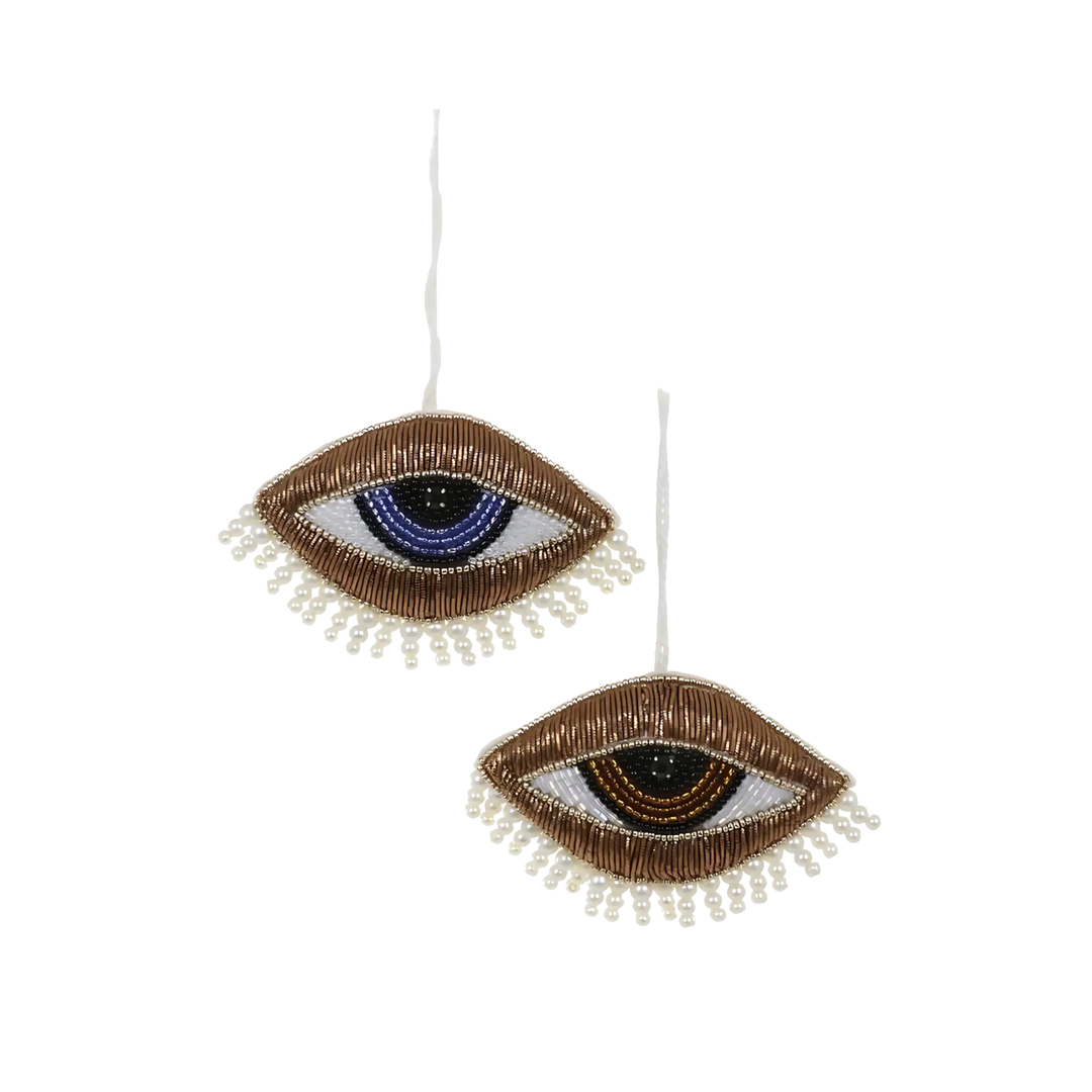 Cody Foster beaded eye ornaments from Mood by DMJ, pair of sparkling glass eye-shaped ornaments with beaded details, eclectic Christmas