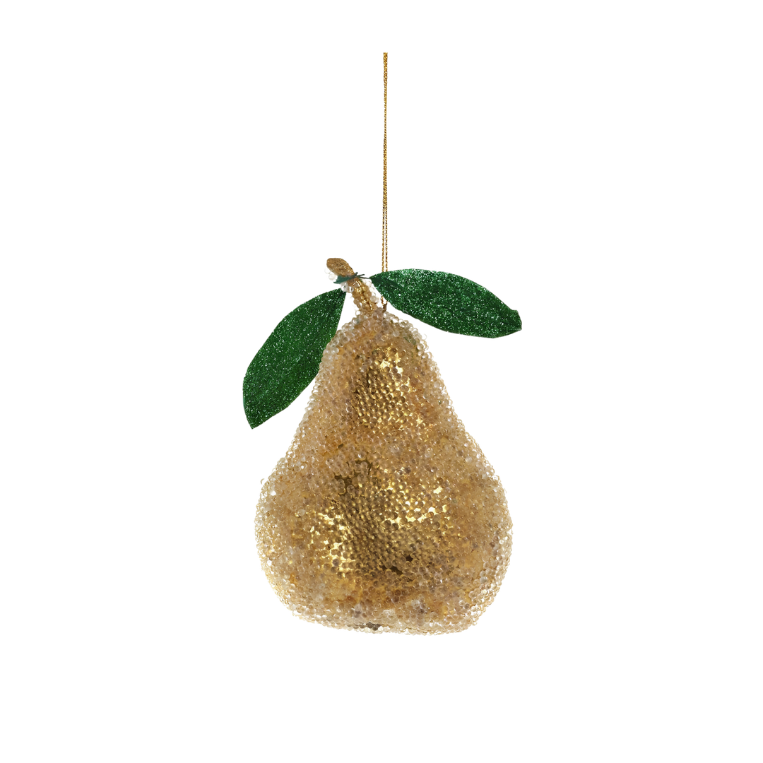 Cody Foster large beaded pear Christmas ornament from Mood by DMJ, gold glass pear covered in fine glass beads with a red blush, brown stem and green leaf