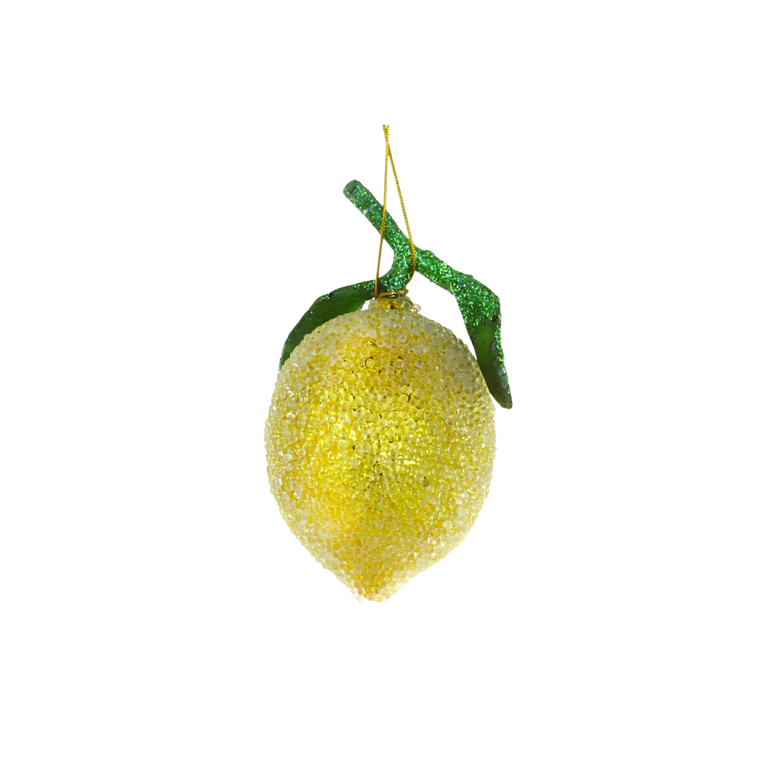 Cody Foster beaded lemon Christmas ornament from Mood by DMJ, yellow glass lemon covered in fine glass beads with a glittered green leaf