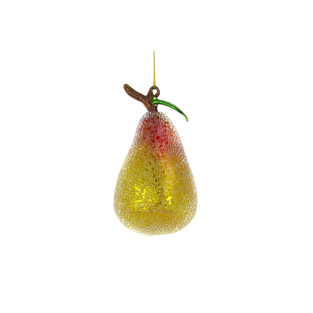 Cody Foster beaded pear Christmas ornament from Mood by DMJ, gold glass pear covered in fine glass beads with a red blush, brown stem