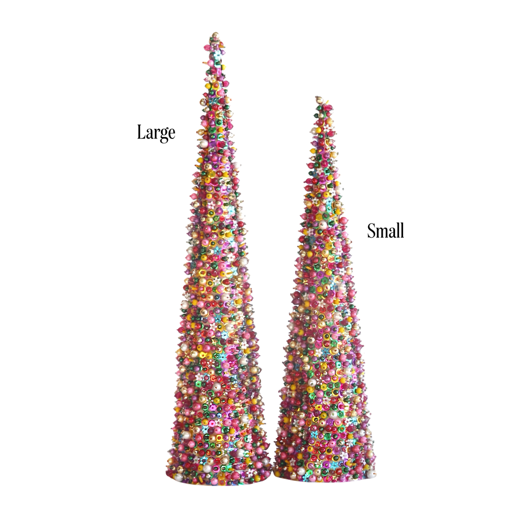Cody Foster beaded tabletop Christmas trees from Mood by DMJ, multicolor beaded and sequined cone trees in small and large sizes, view 2
