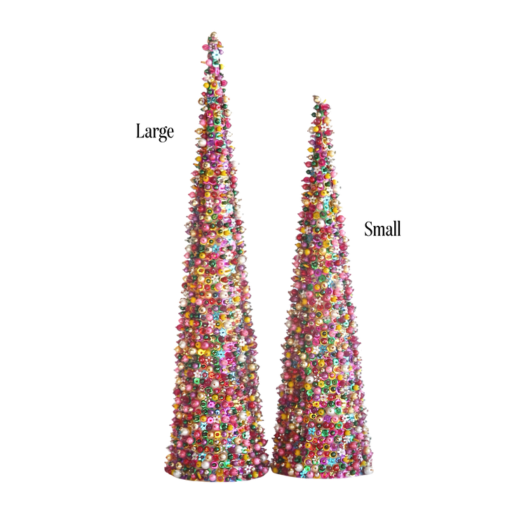 Cody Foster beaded tabletop Christmas trees from Mood by DMJ, multicolor beaded and sequined cone trees in small and large sizes, view 2