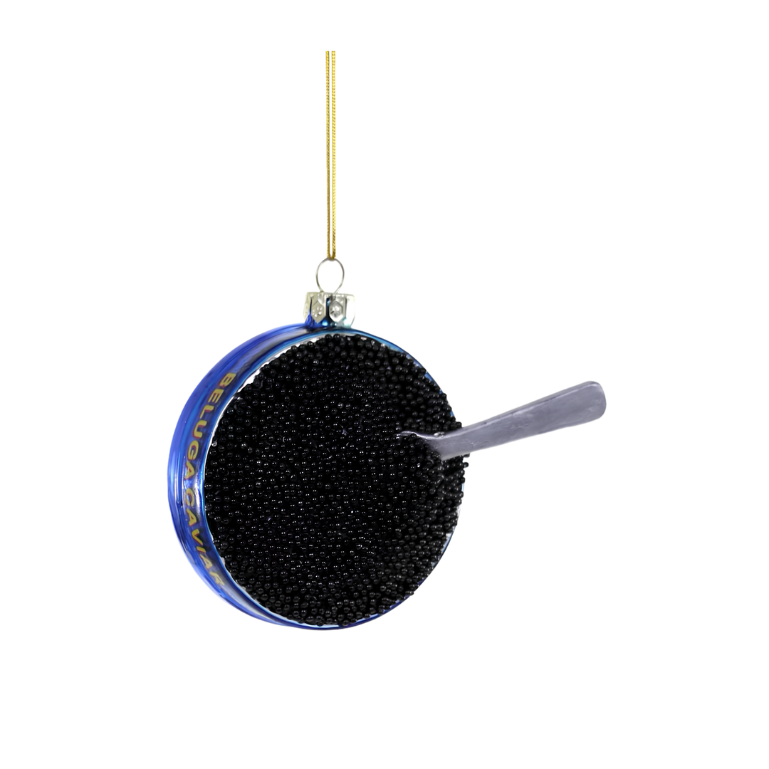 Cody Foster beluga caviar Christmas ornament from Mood by DMJ, cobalt blue glass caviar tin with glittered black beads, a pearl style