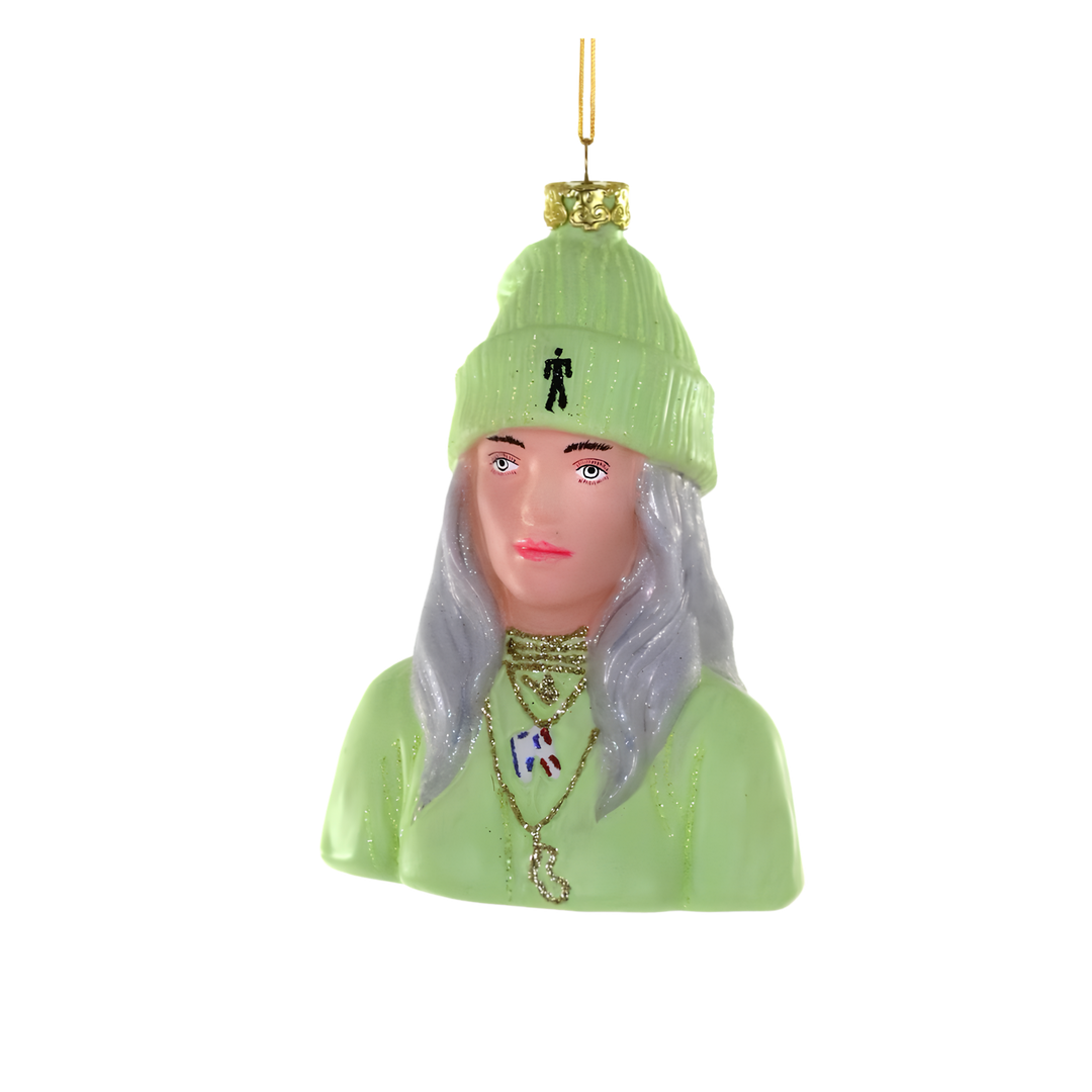 Cody Foster Billie Eilish glass Christmas ornament with lime green beanie and hoodie, silver glittered hair, and gold chain necklaces