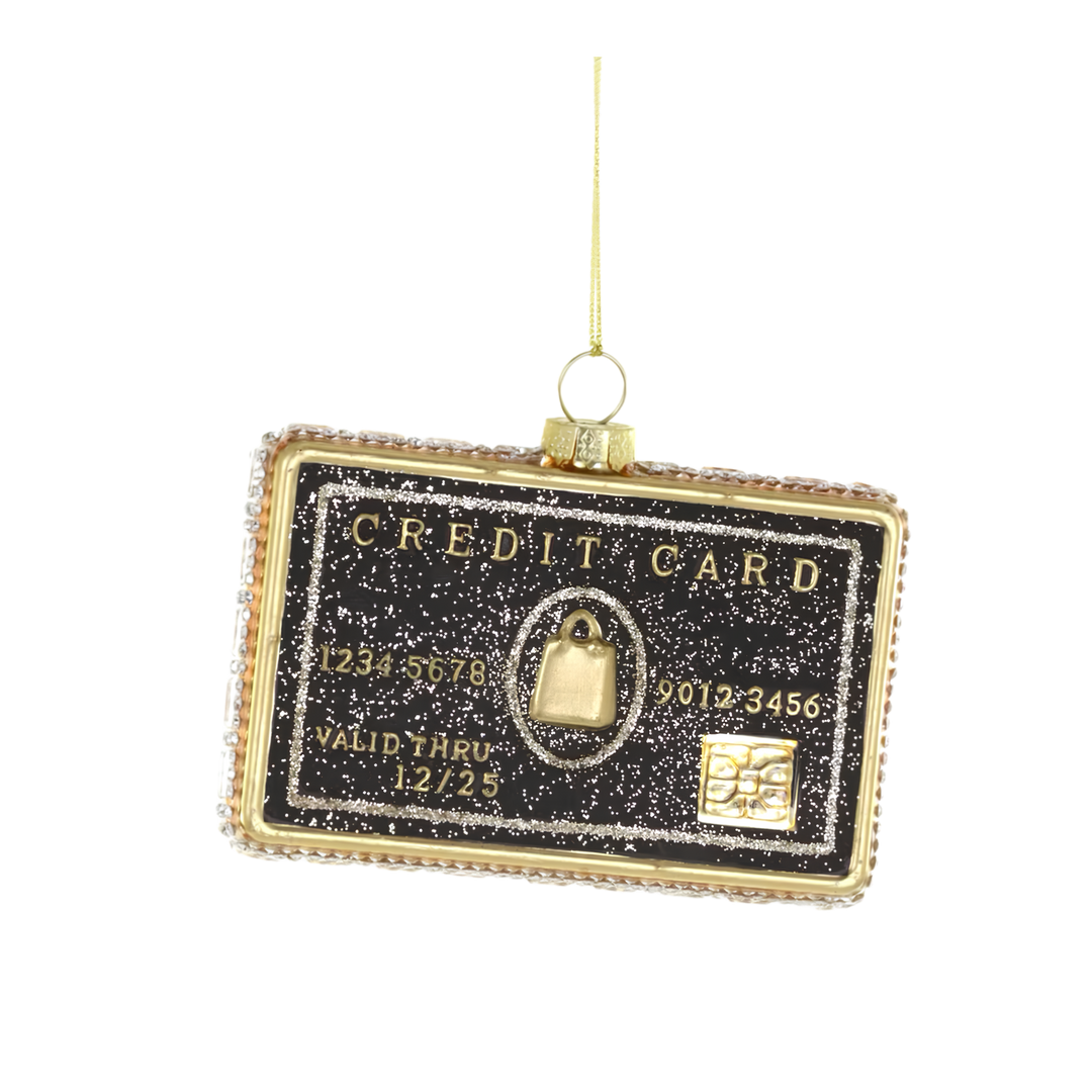 Cody Foster black and gold glittered glass credit card Christmas ornament with shopping bag emblem and gold chip