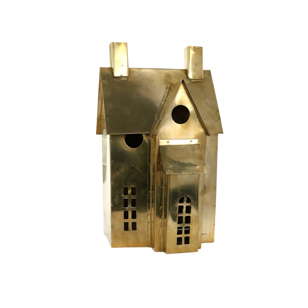 Cody Foster Brass House Christmas village house, polished brass cottage with twin chimneys, peaked gable, and cutout windows