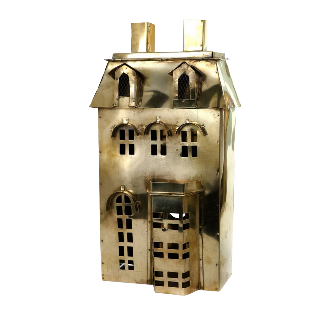 Cody Foster Brass Manor Christmas village house, tall polished brass townhouse with mansard roof, dormers, and cutout windows