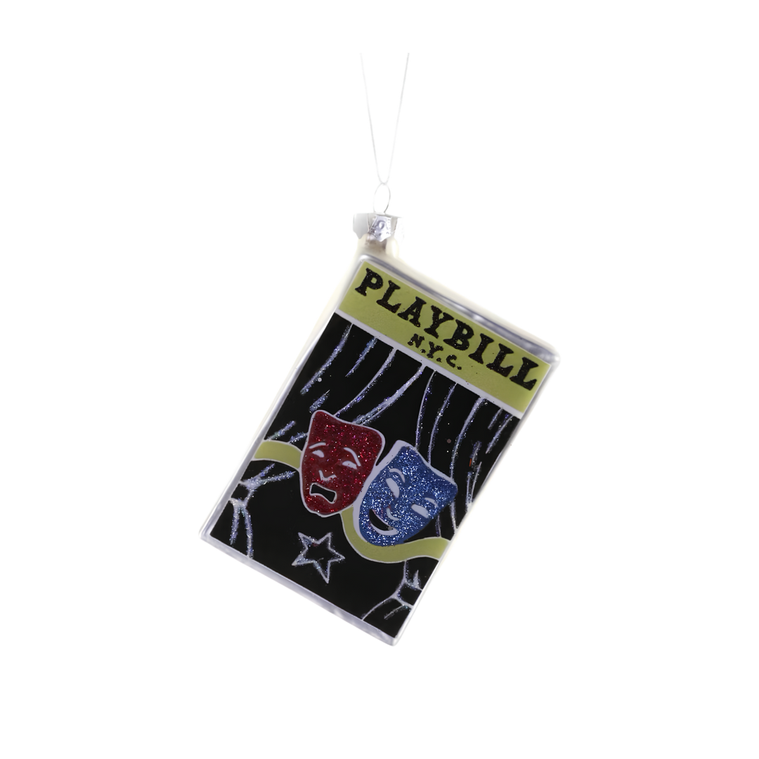 Cody Foster glass Broadway Playbill Christmas ornament with glittered red and blue comedy and tragedy masks
