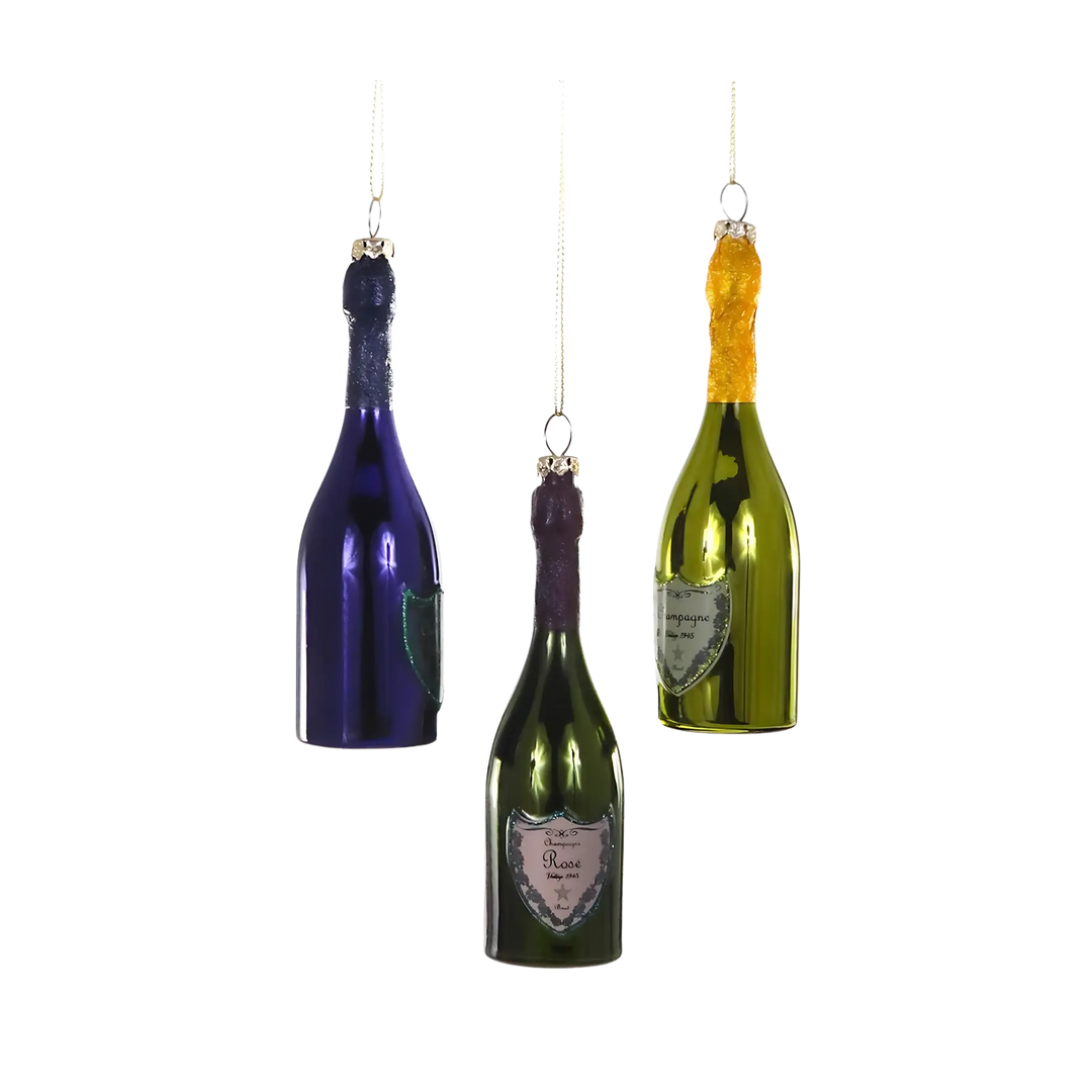 Cody Foster champagne bottle ornaments from Mood by DMJ, sparkling glass holiday decorations shaped like festive bubbly, celebratory