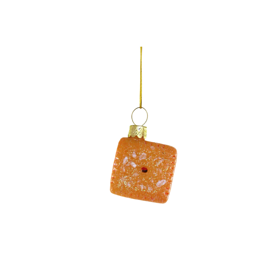 Cody Foster Cheese It glass Christmas ornament, square orange cheese cracker with glitter salt and gold cap