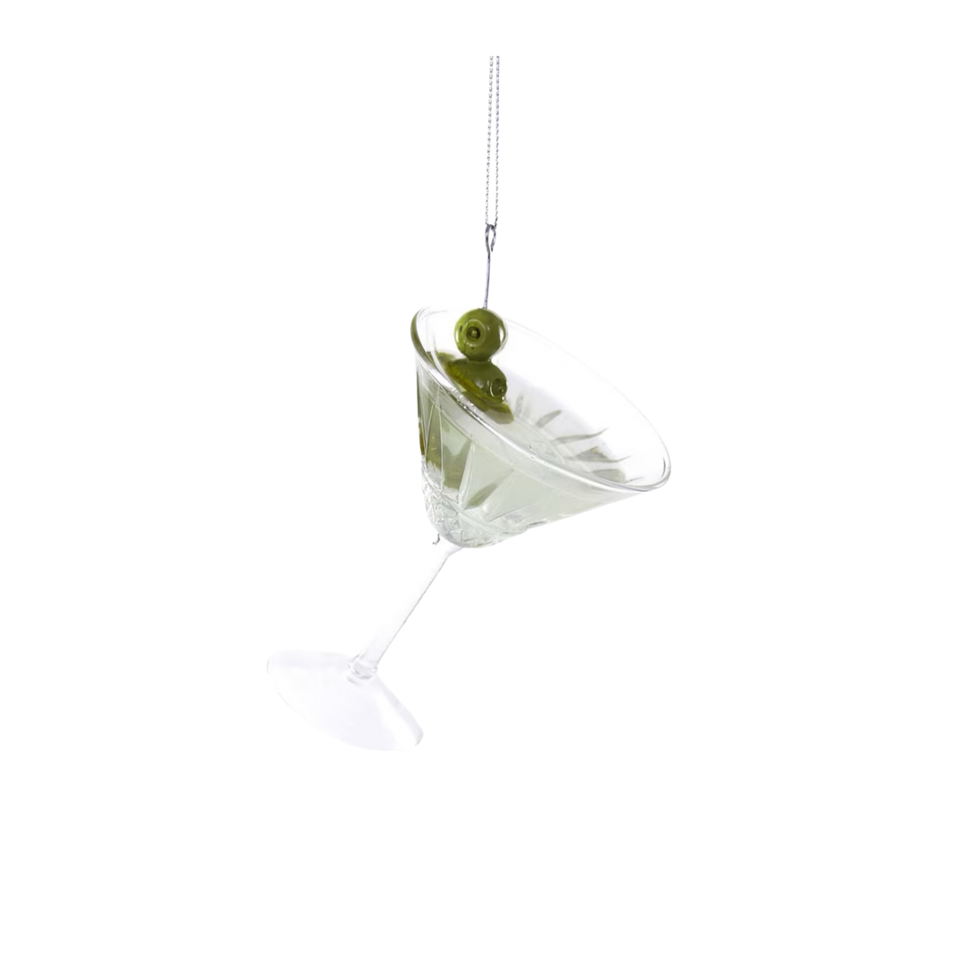 Cody Foster classic martini Christmas ornament from Mood by DMJ, clear glass martini glass with two green olives on a pick and a silver