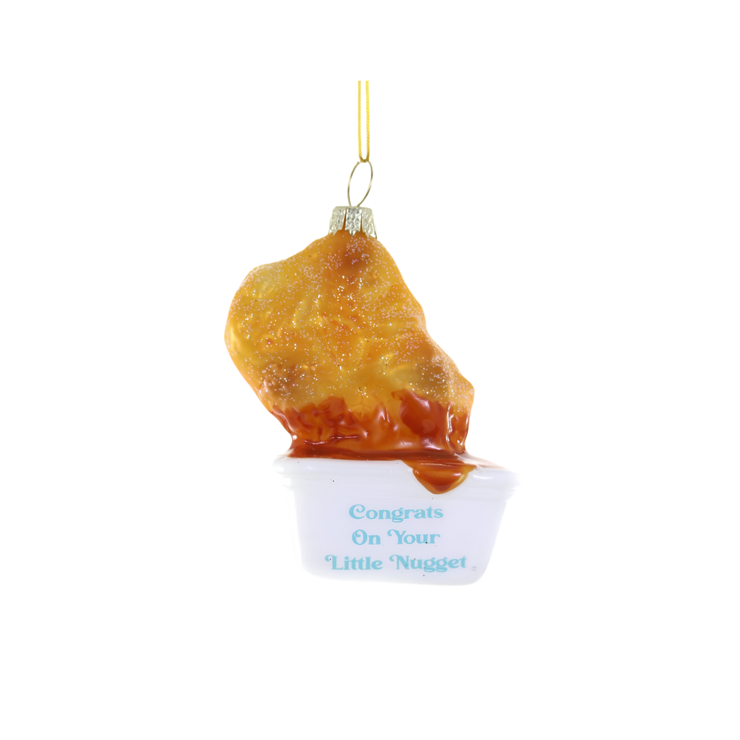 Cody Foster Congrats on Your Little Nugget Christmas ornament from Mood by DMJ, glass chicken nugget dipping into a white sauce cup with