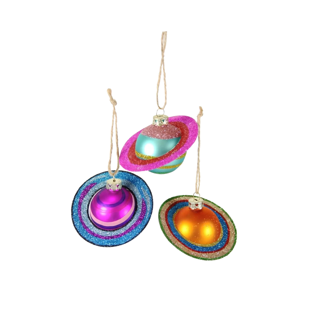 Cody Foster cosmic Saturn ornaments from Mood by DMJ, celestial glass baubles with planetary rings, cosmic-inspired holiday décor