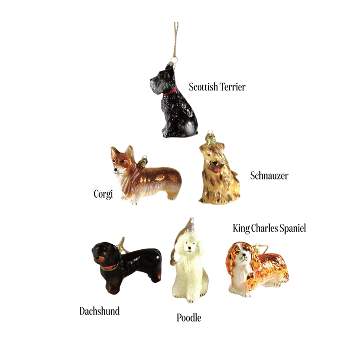 Cody Foster dog ornament breed options labeled, Scottish Terrier, Corgi, Schnauzer, Dachshund, Poodle, King Charles Spaniel