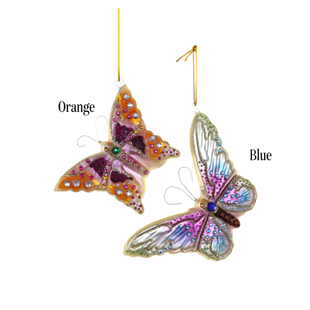 Cody Foster enchanted butterfly ornament color options, orange and blue jeweled glass butterflies labeled