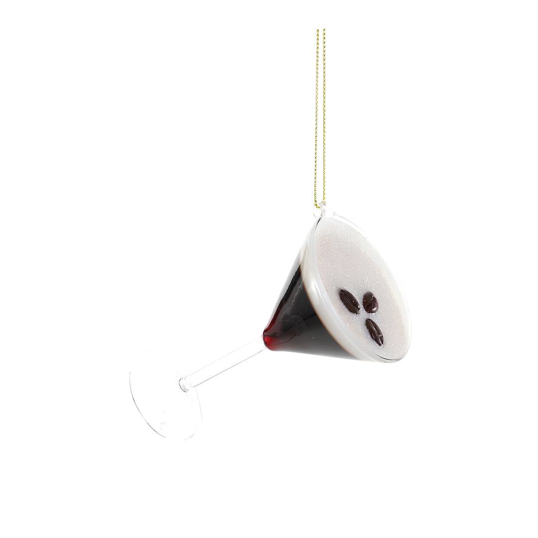 Cody Foster espresso martini glass Christmas ornament, coffee cocktail with creamy foam and three coffee beans