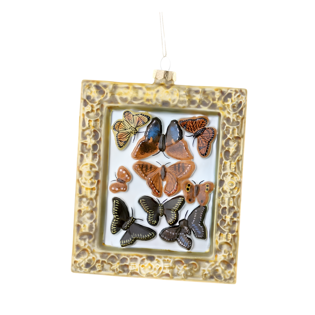 Cody Foster framed butterfly glass Christmas ornament, butterfly specimen collection in an ornate antiqued gold frame