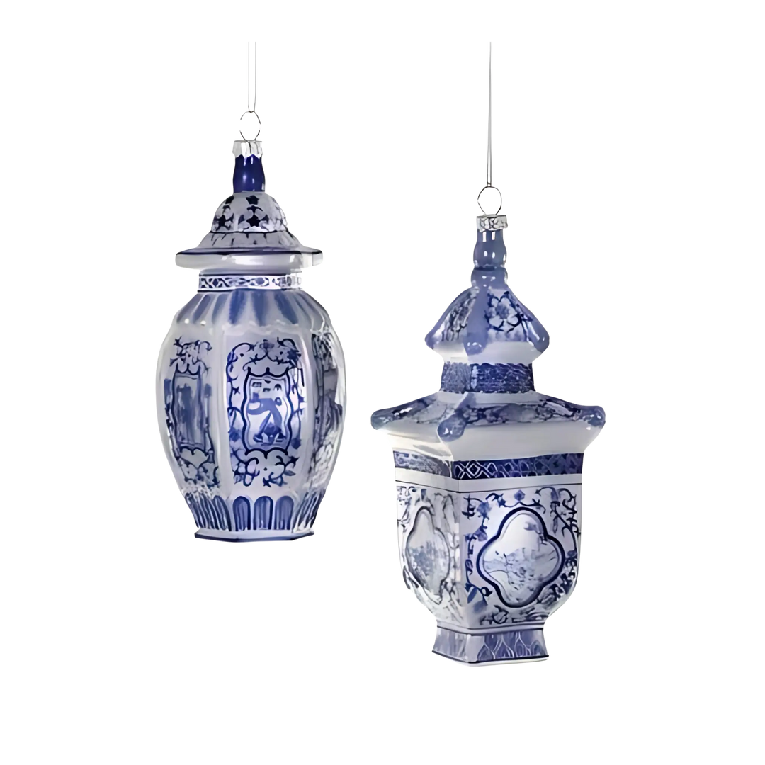Cody Foster ginger jar ornaments from Mood by DMJ, blue and white chinoiserie-inspired Christmas ornaments, timeless holiday décor
