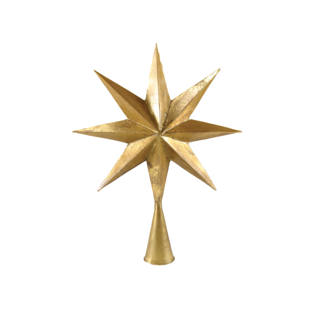 Cody Foster gold starburst Christmas tree topper, eight-point faceted star in antiqued gold on a cone base