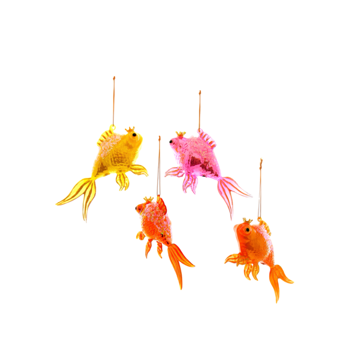 Cody Foster goldfish glass Christmas ornaments in yellow, orange, and pink, fancy goldfish with glitter scales and gold crowns