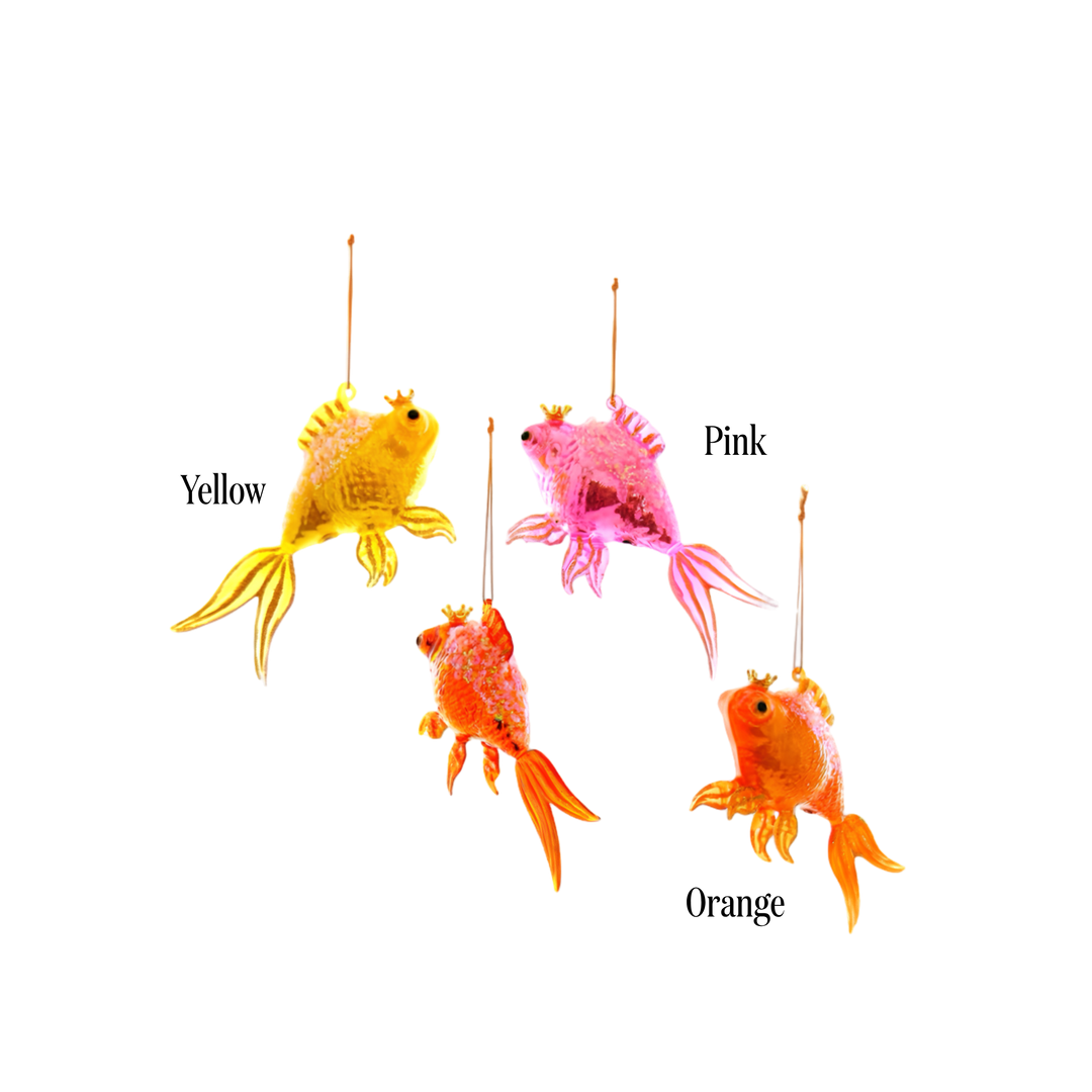 Cody Foster goldfish ornament color options labeled, yellow, pink, and orange glass goldfish