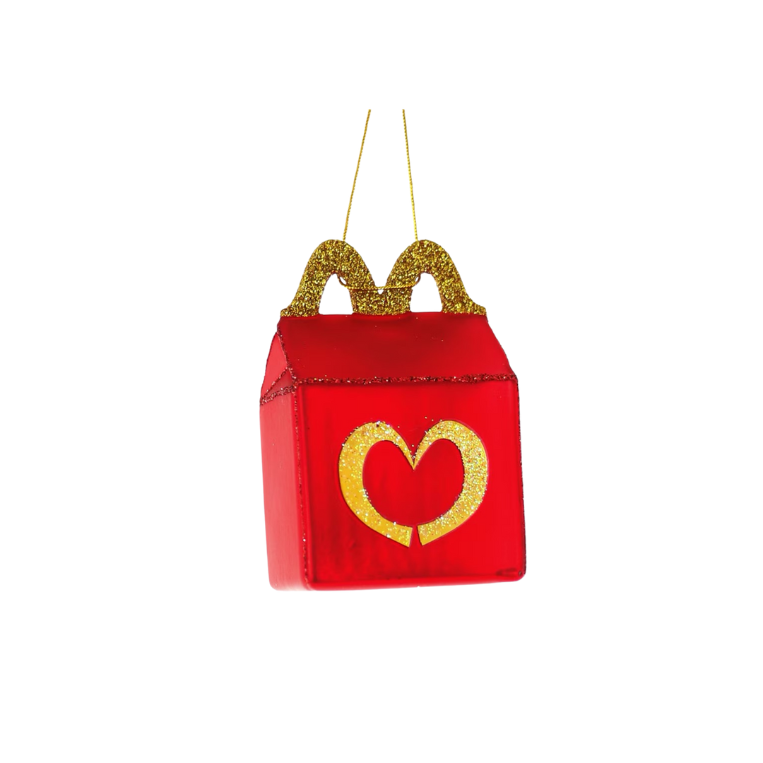 Cody Foster Happy Meal Christmas ornament from Mood by DMJ, red glass takeout box with glittered gold handles and a gold heart on the front