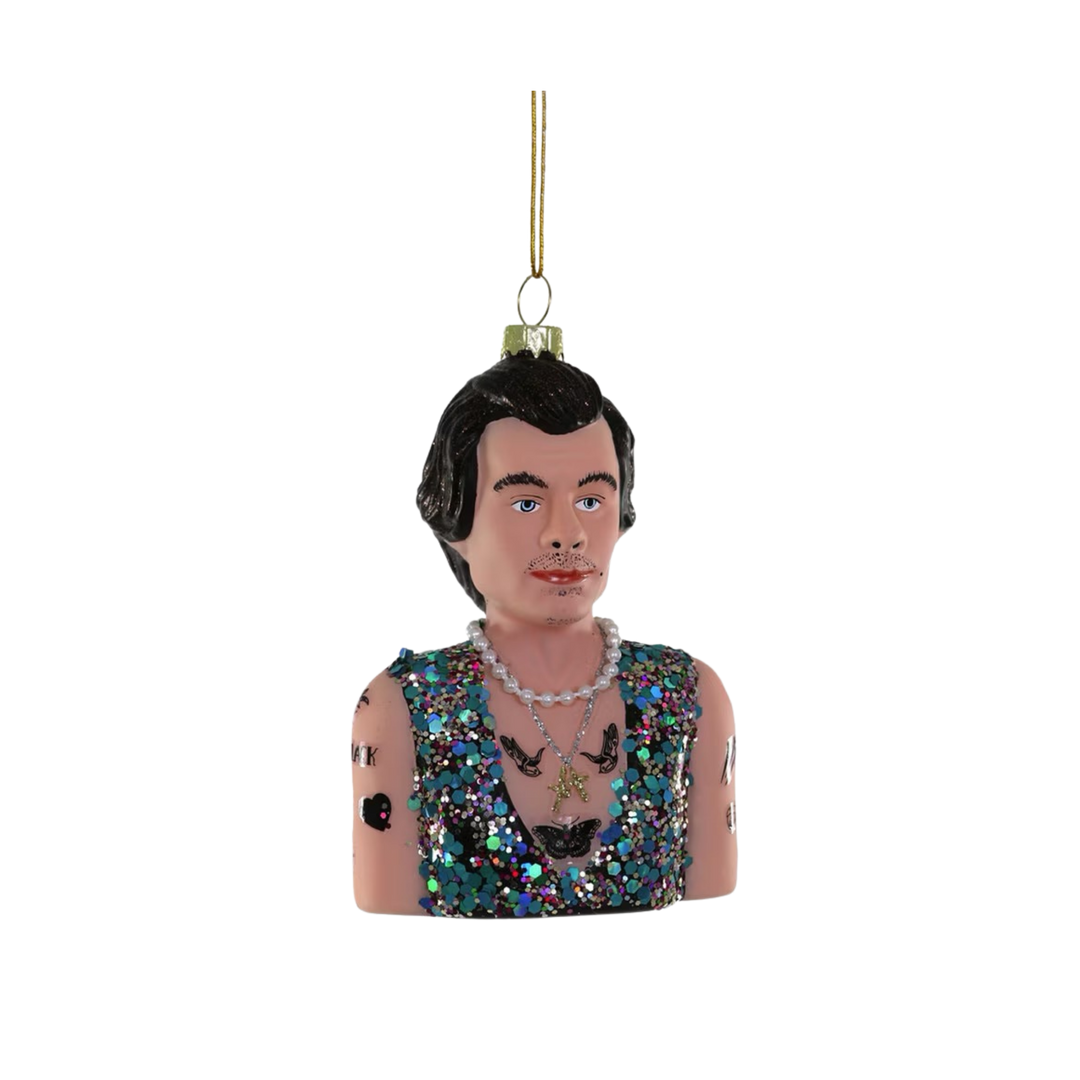 Cody Foster Harry Styles glass Christmas ornament, pop star bust in a glitter sequin vest with pearl necklace and tattoos