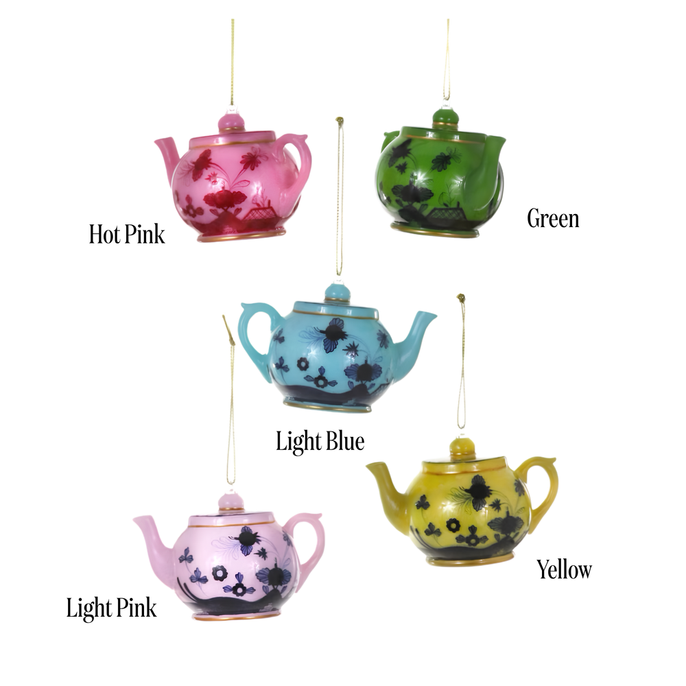Cody Foster Italian teapot ornament color chart at Mood by DMJ, labeled hot pink, light pink, light blue, green, and yellow hand painted