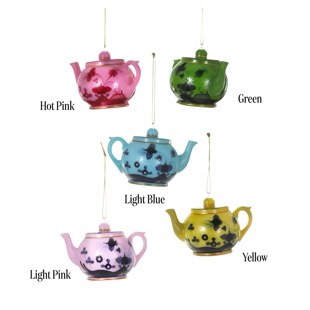 Cody Foster Italian teapot ornament color chart at Mood by DMJ, labeled hot pink, light pink, light blue, green, and yellow hand painted