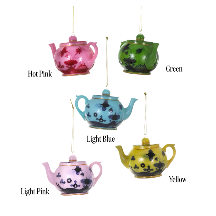 Cody Foster Italian teapot ornament color chart at Mood by DMJ, labeled hot pink, light pink, light blue, green, and yellow hand painted