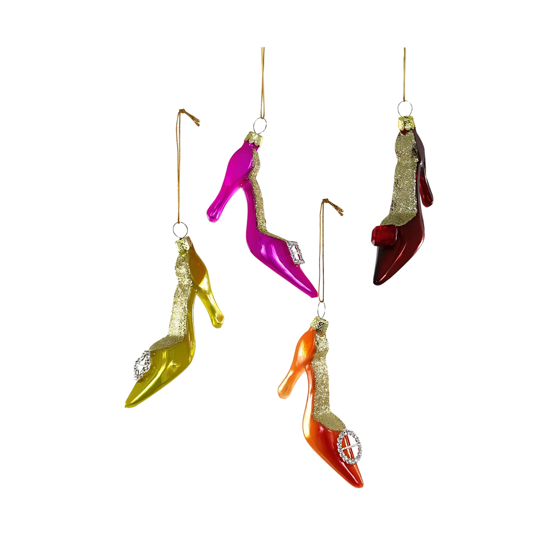 Cody Foster jeweled shoe ornaments from Mood by DMJ, sparkling rhinestone high heel holiday ornaments, luxury fashion-inspired Christmas