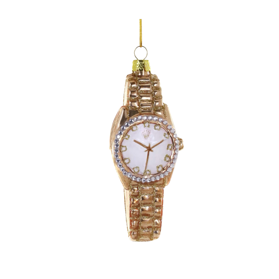 Cody Foster gold glass luxury watch Christmas ornament with crystal bezel, white dial, and glittered link bracelet